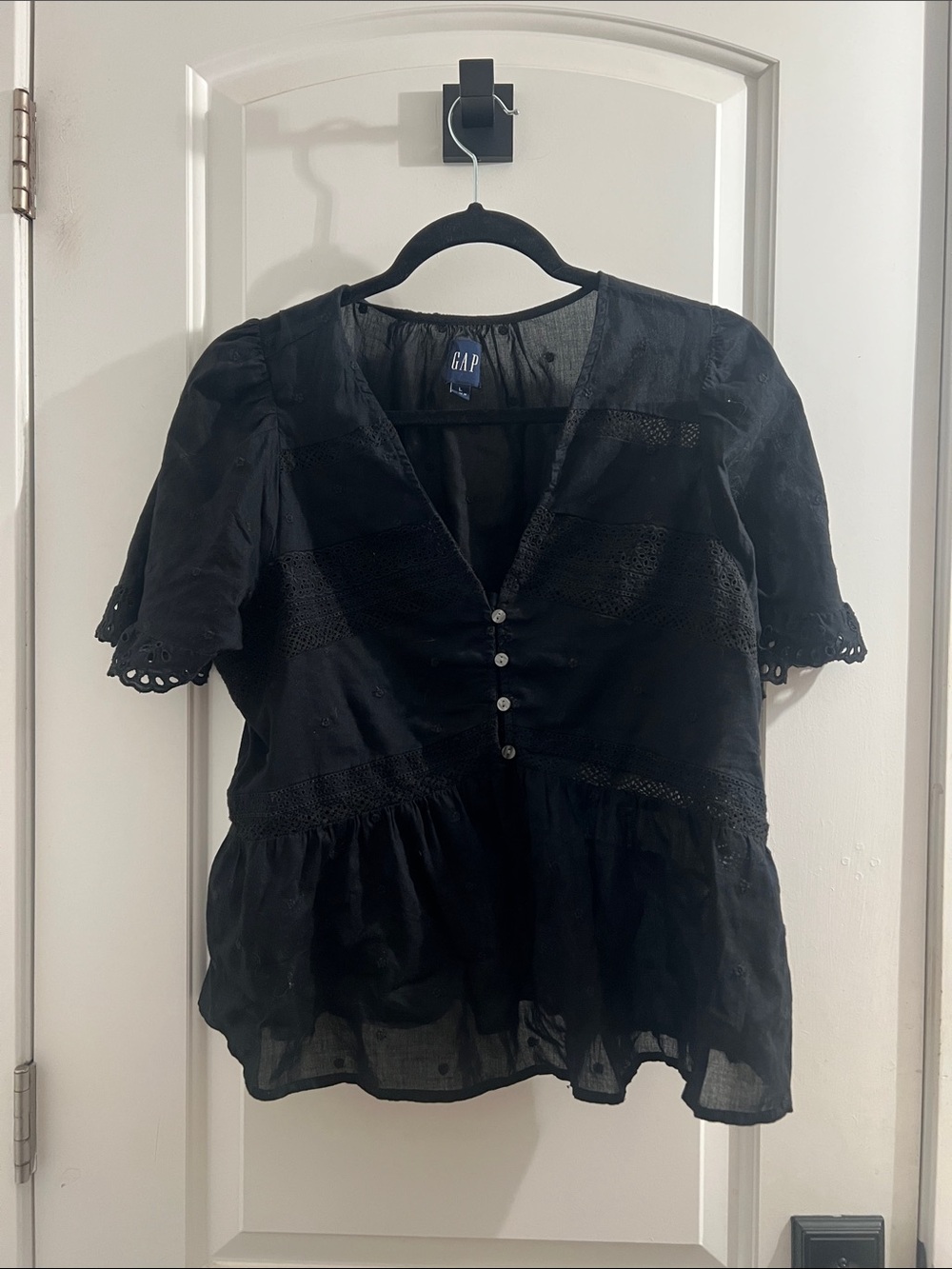 GAP Black Button-Front Peplum Top with Lace Trim